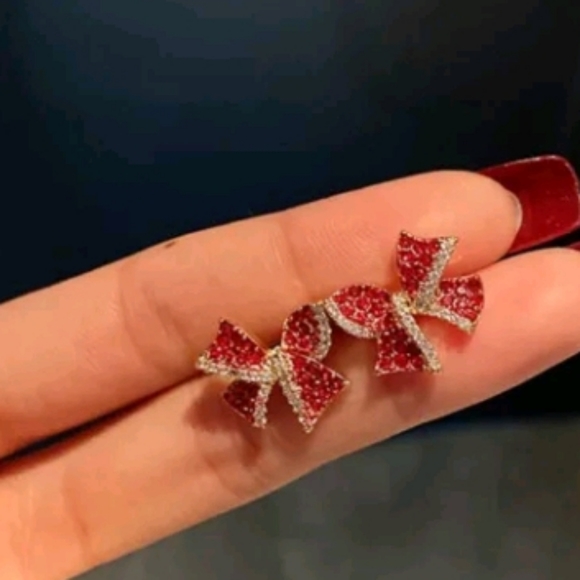 Red Bow Zircon Crystal Stud Earrings - Picture 3 of 6